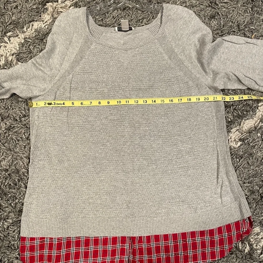 Christopher & Banks Grey Sweater Red plaid Holiday 100% Cotton Stretch Size XL